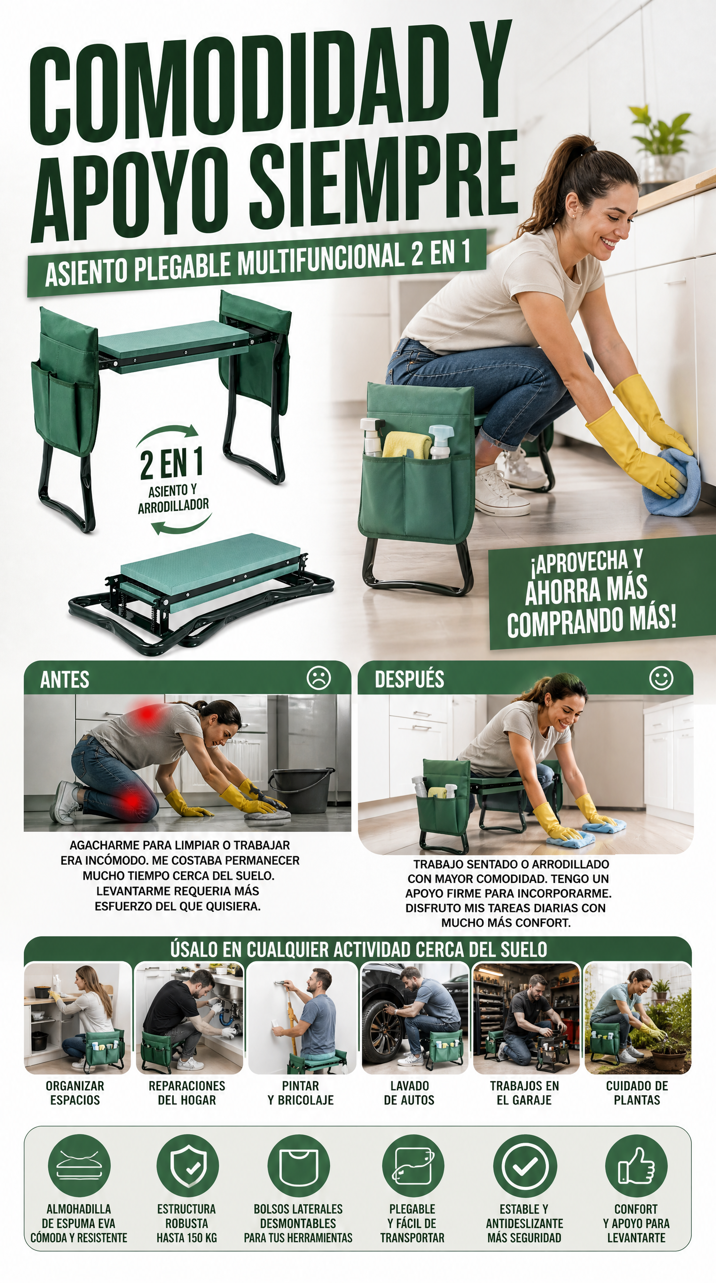 Asiento Plegable 2 en 1 para Arrodillarse y Levantarse con Facilidad